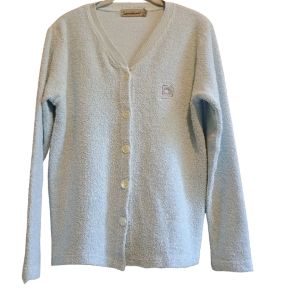 Vintage Savannah Terry Cotton Cardigan Sweater Women's M Blue Embroidered‎ Fish